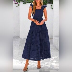 New Bogo Embroidered Eyelet Lace Tiered Midi Cami Dress Navy Blue